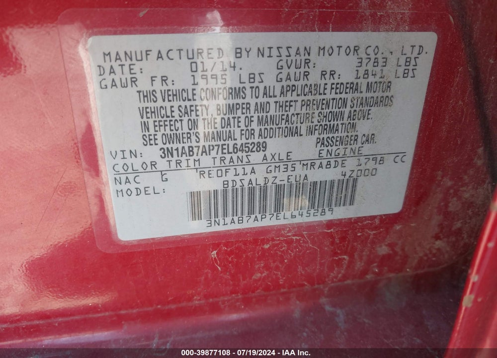 2014 NISSAN SENTRA FE+ S/FE+ SV/S/SL/SR/SV VIN: 3N1AB7AP7EL645289