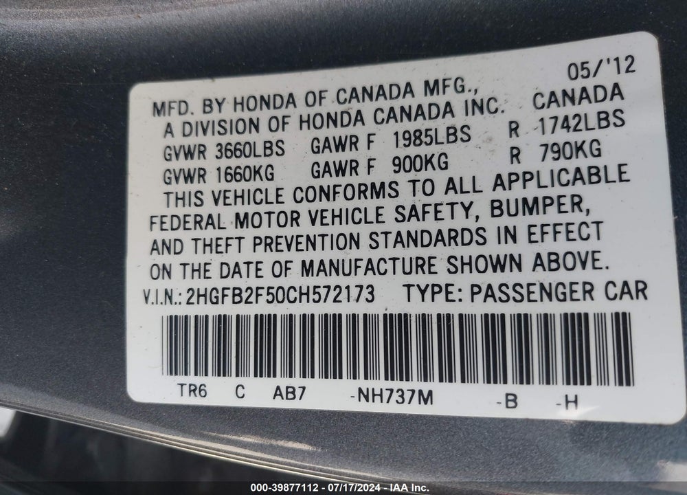 2012 HONDA CIVIC LX VIN: 2HGFB2F50CH572173