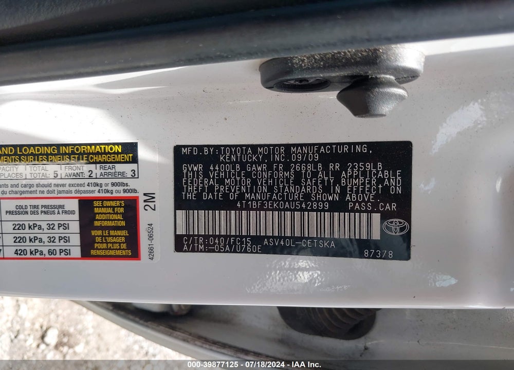 2010 TOYOTA CAMRY SE VIN: 4T1BF3EK0AU542899