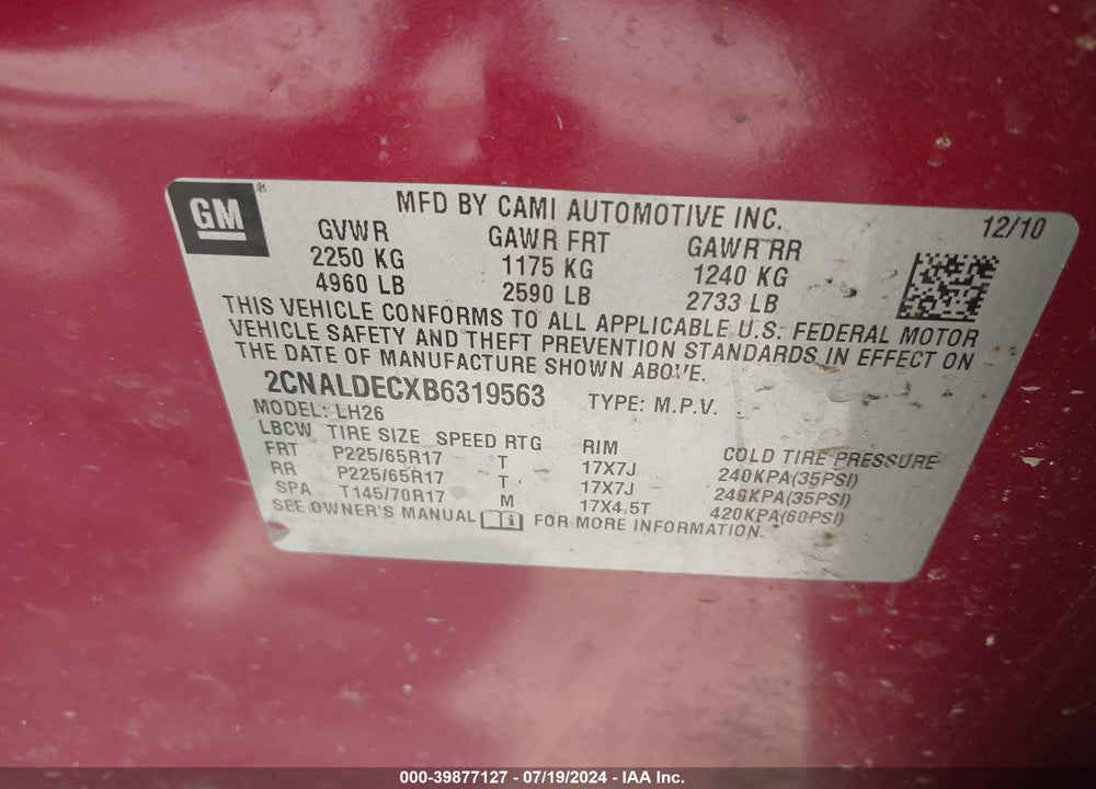 2011 CHEVROLET EQUINOX VIN: 2CNALDECXB6319563