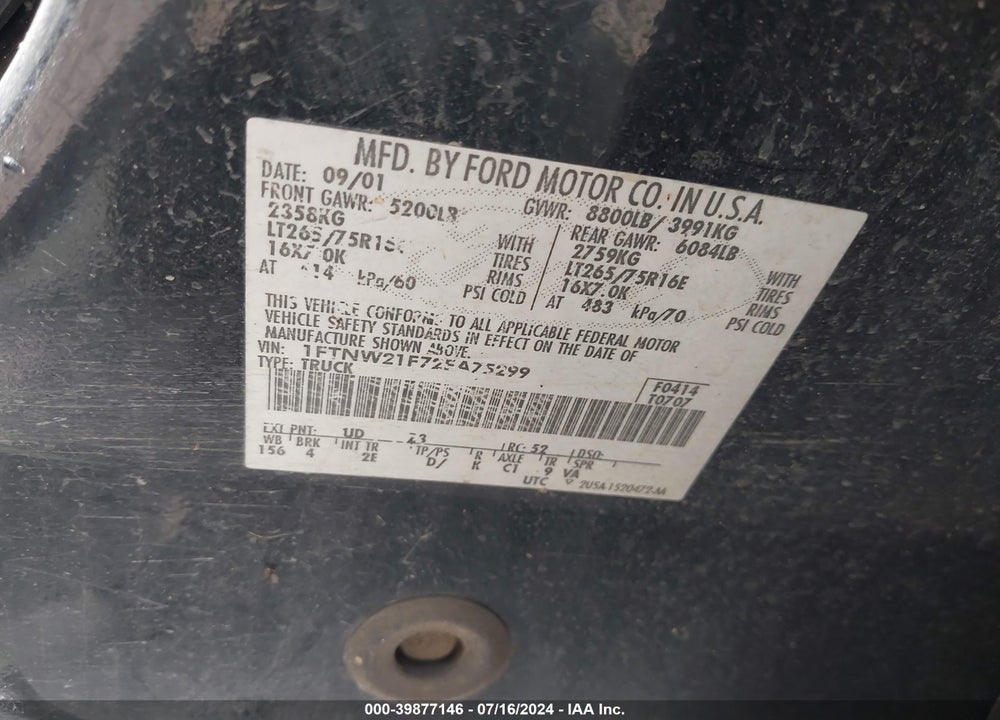 2002 FORD F-250 LARIAT/XL/XLT VIN: 1FTNW21F72EA75299