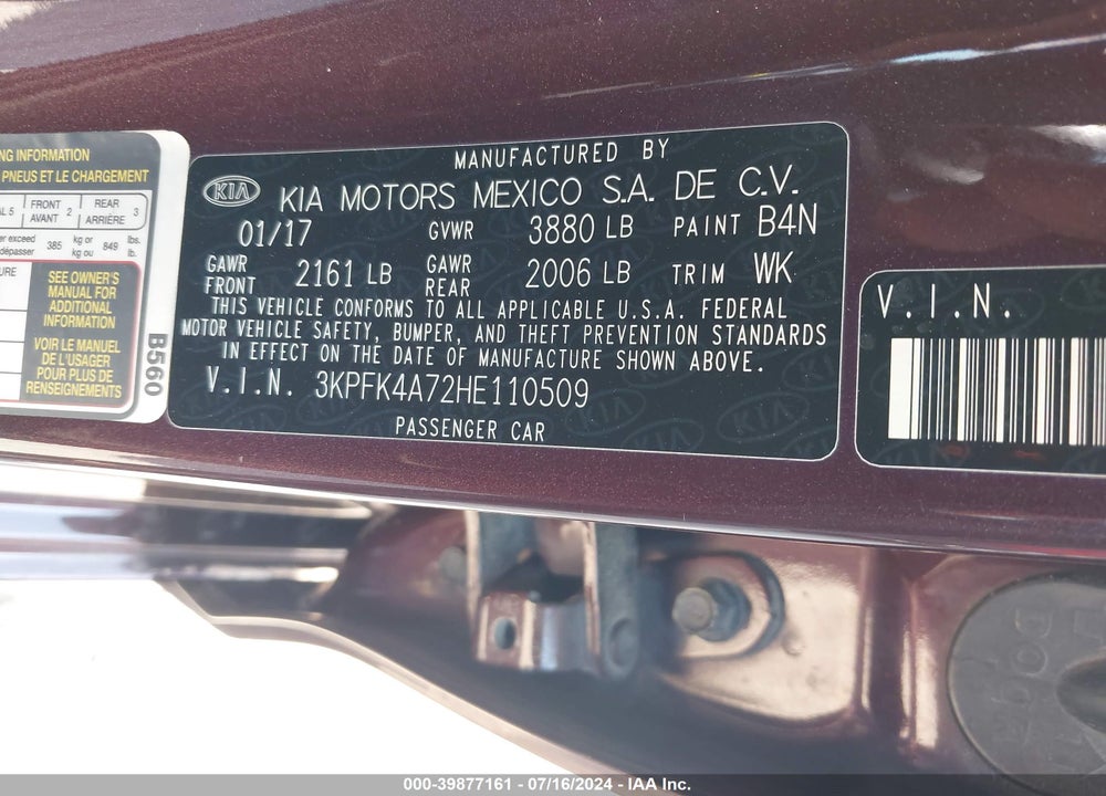 2017 KIA FORTE LX VIN: 3KPFK4A72HE110509