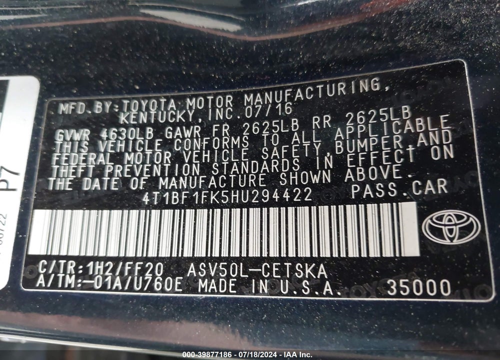 2017 TOYOTA CAMRY SE VIN: 4T1BF1FK5HU294422