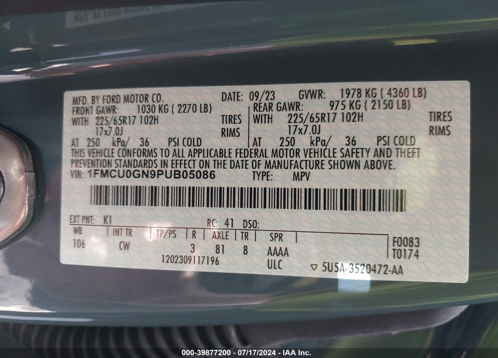 2023 FORD ESCAPE ACTIVE VIN: 1FMCU0GN9PUB05086