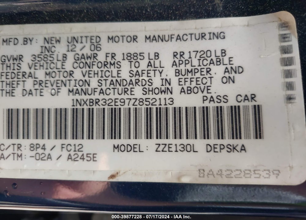2007 TOYOTA COROLLA S VIN: 1NXBR32E97Z852113