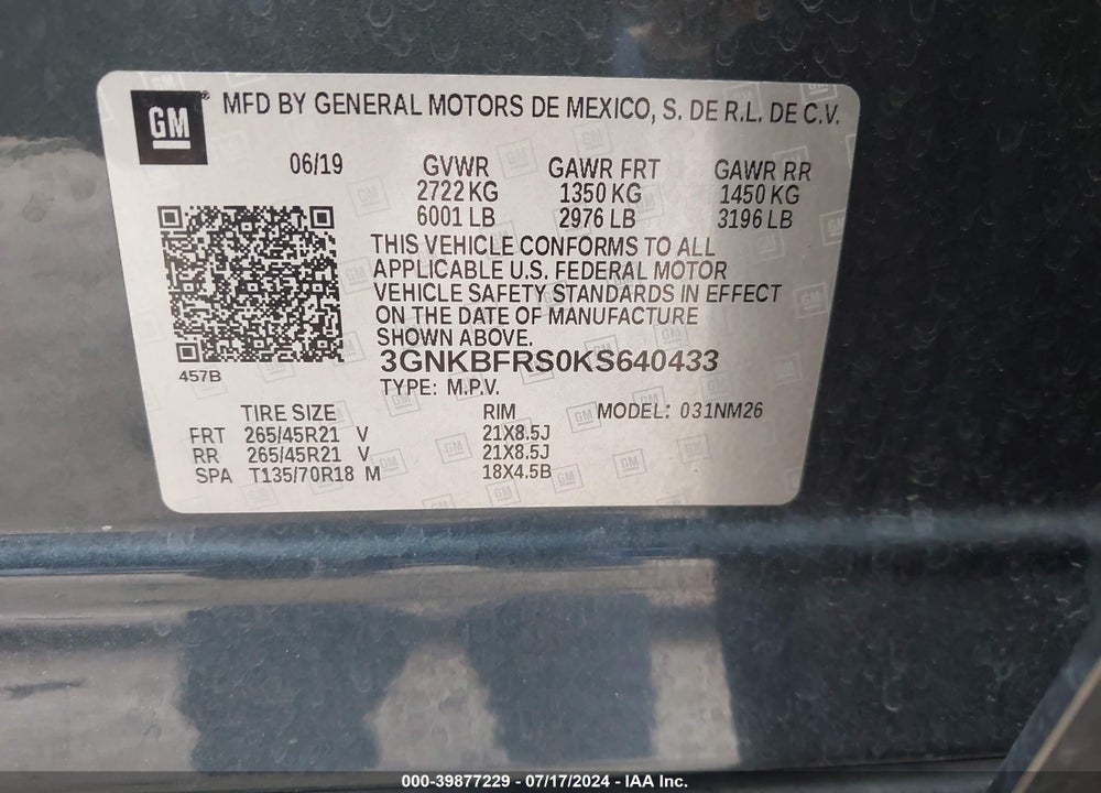 2019 CHEVROLET BLAZER PREMIER VIN: 3GNKBFRS0KS640433