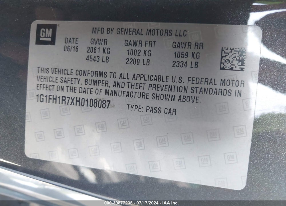 2017 CHEVROLET CAMARO 2SS VIN: 1G1FH1R7XH0108087