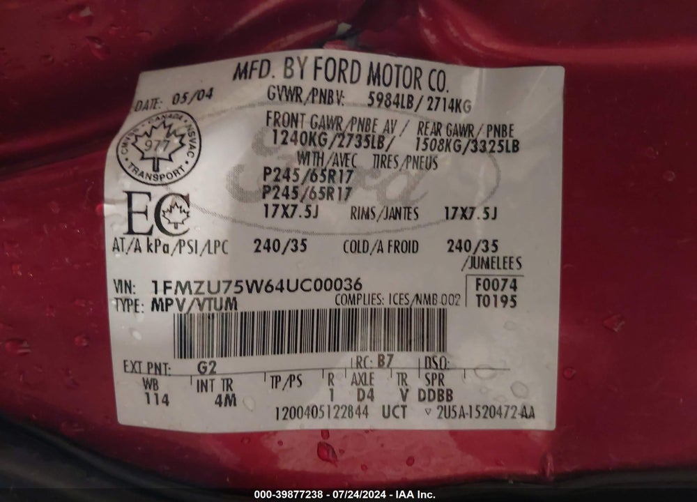 2004 FORD EXPLORER VIN: 1FMZU75W64UC00036