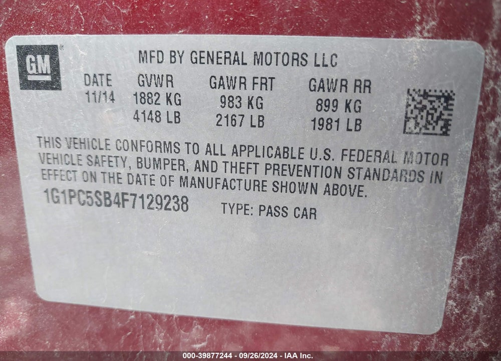 2015 CHEVROLET CRUZE 1LT AUTO VIN: 1G1PC5SB4F7129238