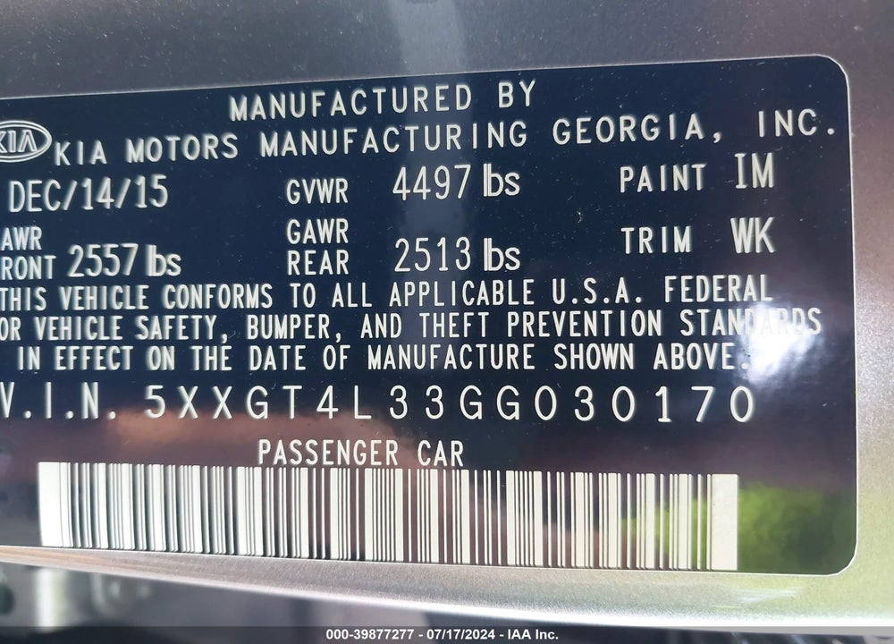 2016 KIA OPTIMA LX VIN: 5XXGT4L33GG030170