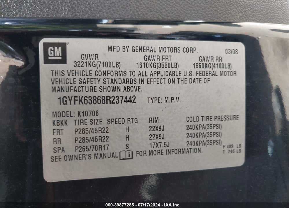 2008 CADILLAC ESCALADE STANDARD VIN: 1GYFK63868R237442