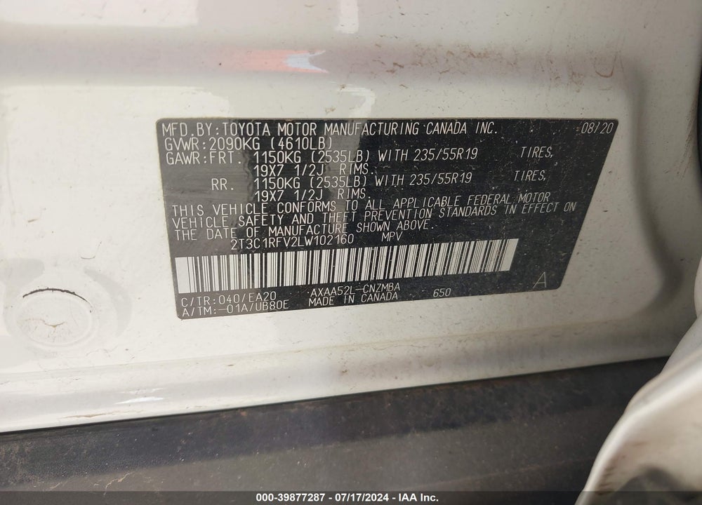 2020 TOYOTA RAV4 XLE PREMIUM VIN: 2T3C1RFV2LW102160