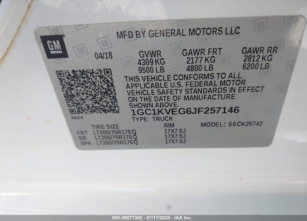 2018 CHEVROLET SILVERADO 2500HD LT VIN: 1GC1KVEG6JF257146