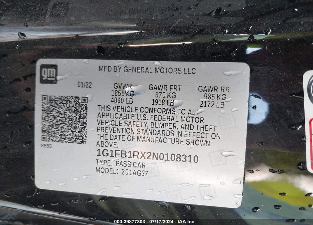 2022 CHEVROLET CAMARO RWD 1LT VIN: 1G1FB1RX2N0108310