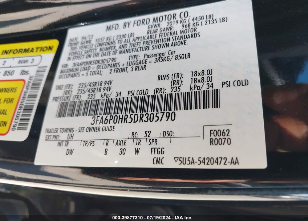 2013 FORD FUSION SE VIN: 3FA6P0HR5DR305790
