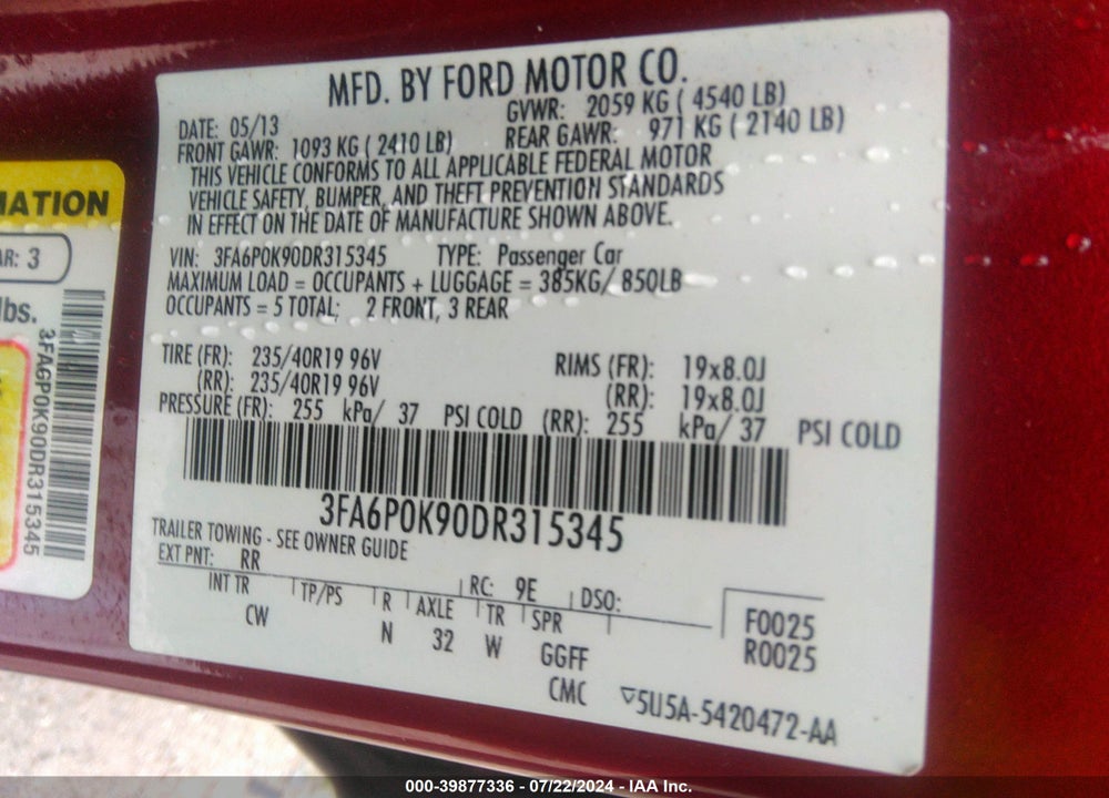 2013 FORD FUSION TITANIUM VIN: 3FA6P0K90DR315345