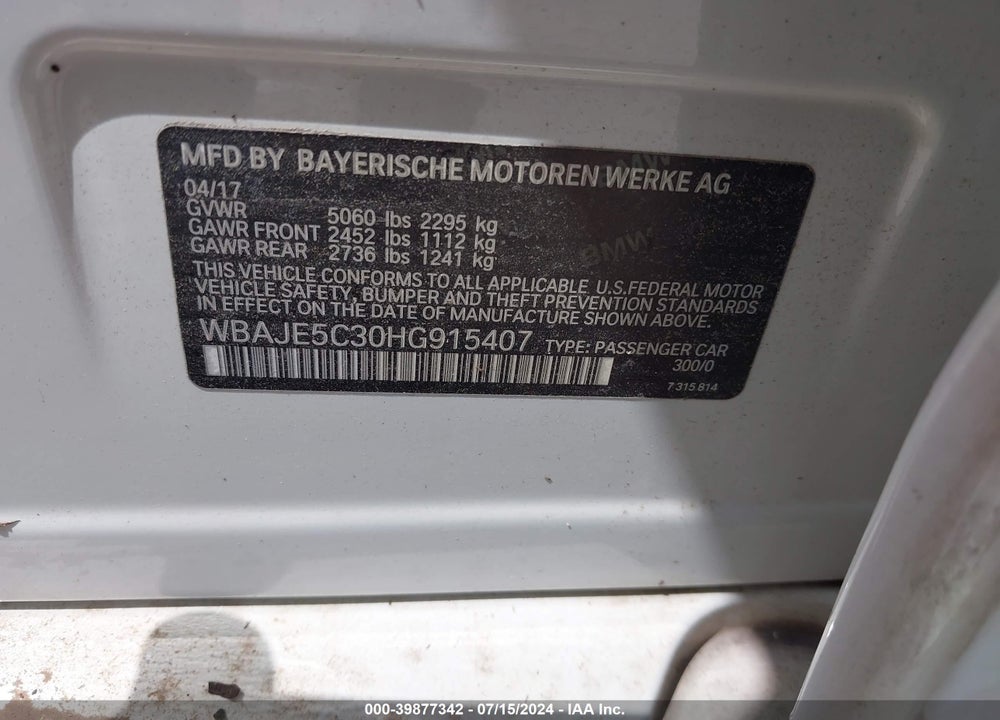 2017 BMW 540I VIN: WBAJE5C30HG915407