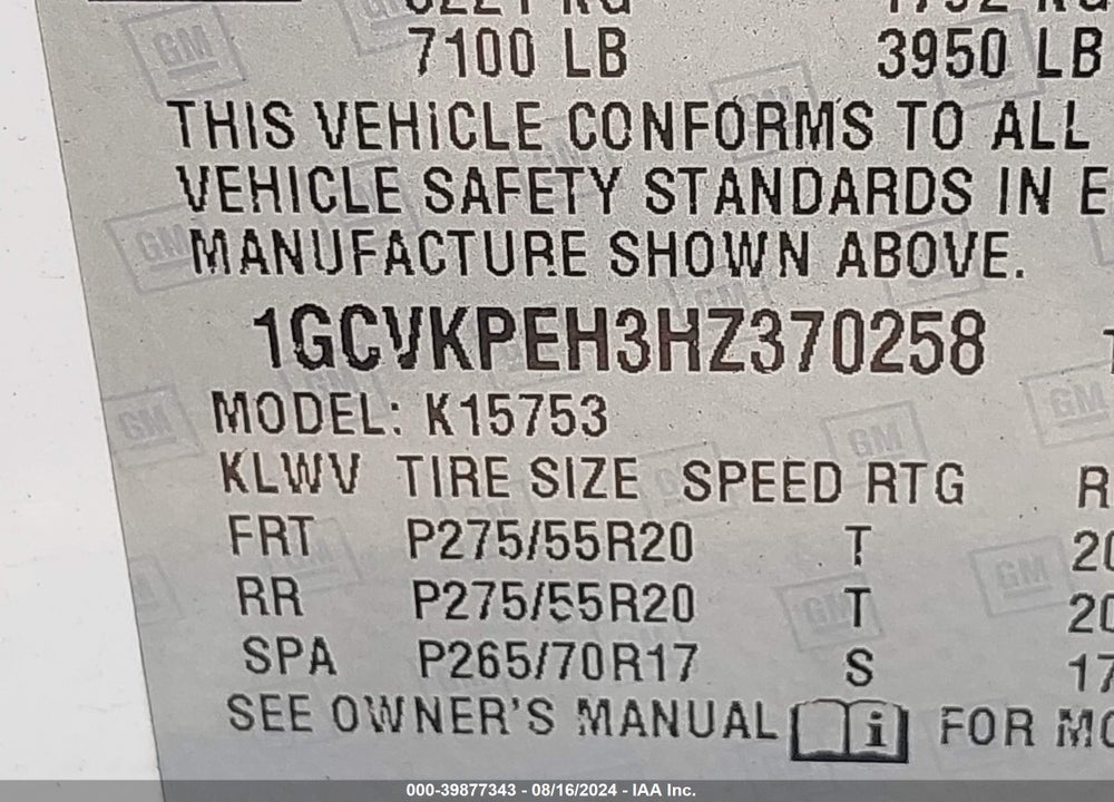 2017 CHEVROLET SILVERADO 1500 CUSTOM VIN: 1GCVKPEH3HZ370258