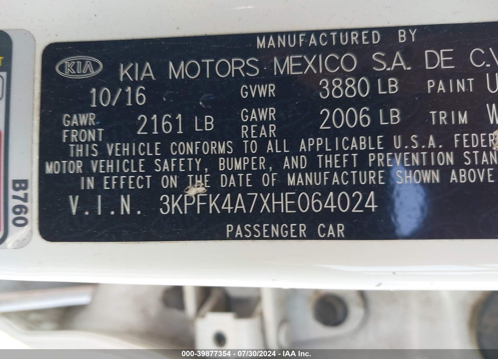 2017 KIA FORTE LX VIN: 3KPFK4A7XHE064024