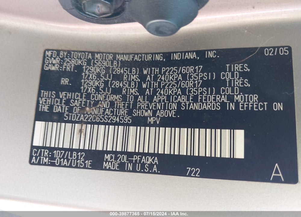 2005 TOYOTA SIENNA XLE LIMITED VIN: 5TDZA22C65S294595