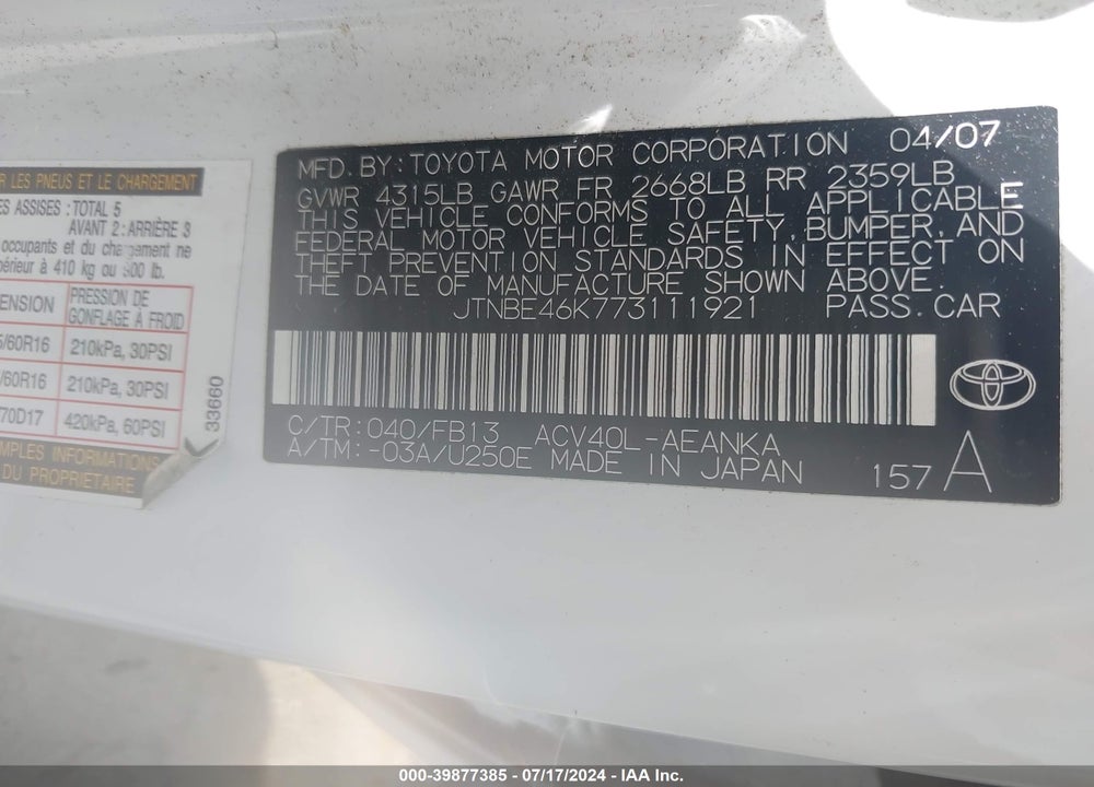 2007 TOYOTA CAMRY LE VIN: JTNBE46K773111921