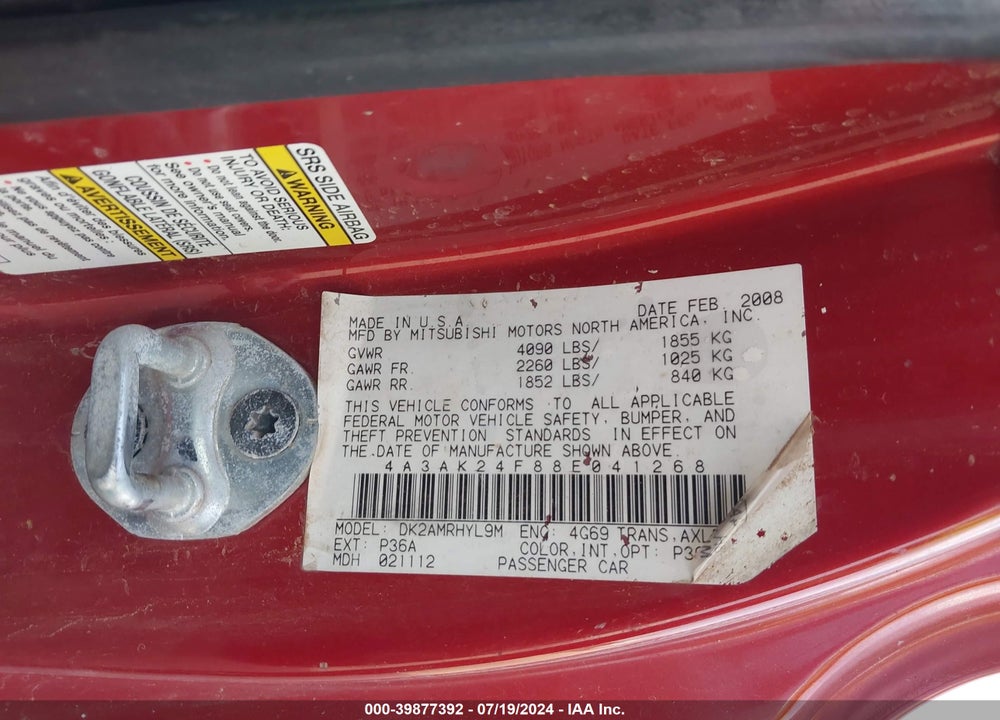 2008 MITSUBISHI ECLIPSE GS VIN: 4A3AK24F88E041268