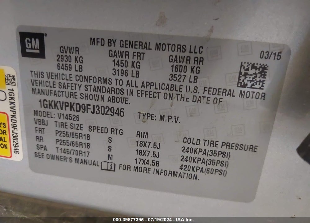 2015 GMC ACADIA SLE-2 VIN: 1GKKVPKD9FJ302946