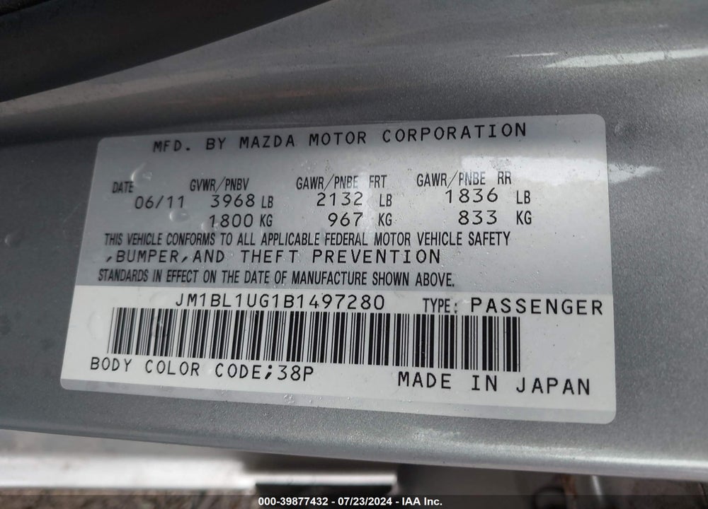 2011 MAZDA 3 I SPORT VIN: JM1BL1UG1B1497280