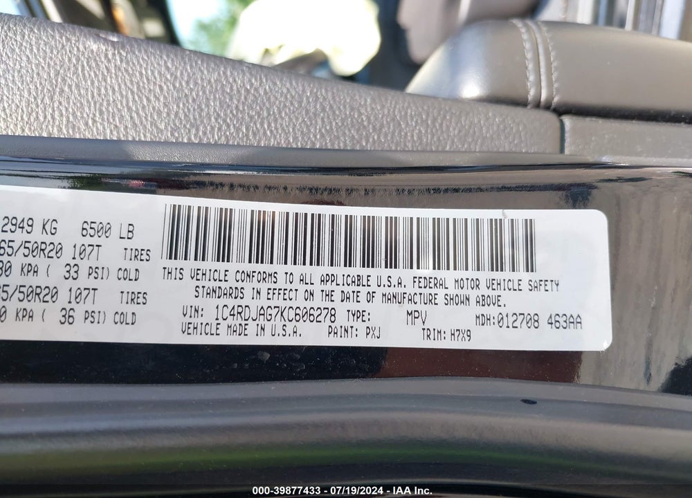 2019 DODGE DURANGO SXT AWD VIN: 1C4RDJAG7KC606278