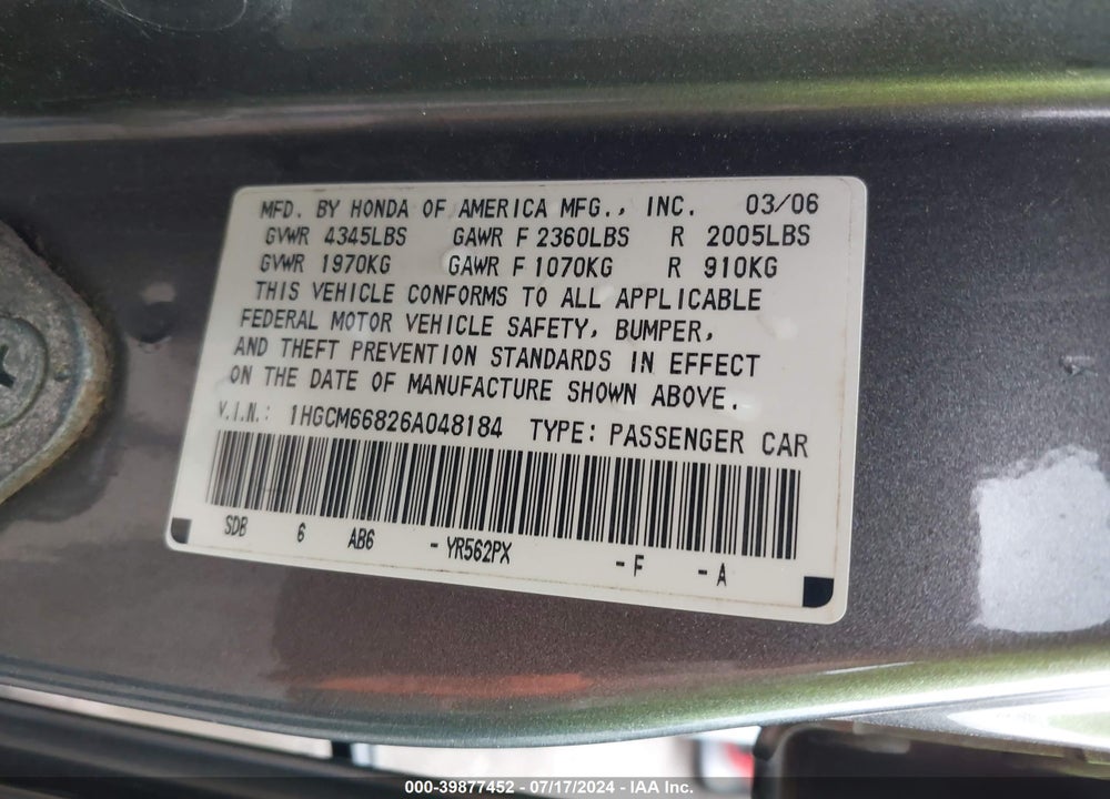 2006 HONDA ACCORD SDN EX-L V6 WITH NAVI VIN: 1HGCM66826A048184