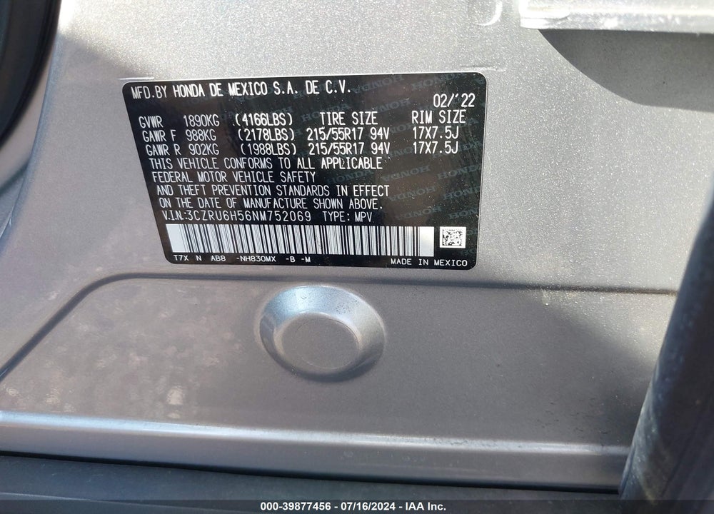 2022 HONDA HR-V AWD EX VIN: 3CZRU6H56NM752069