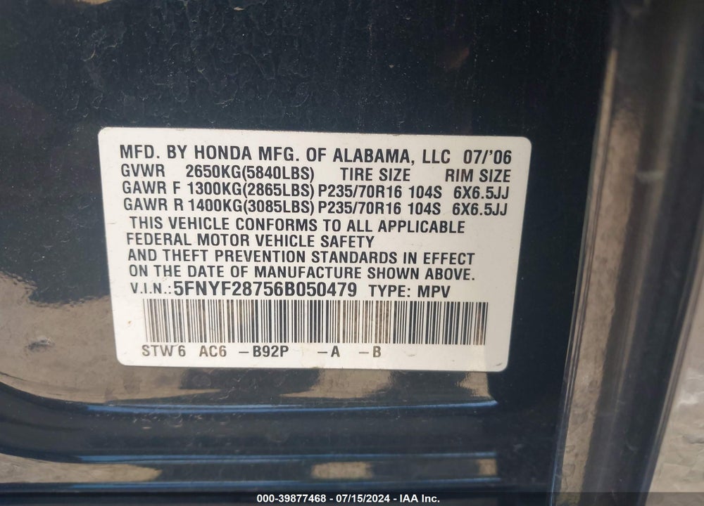 2006 HONDA PILOT EX-L VIN: 5FNYF28756B050479