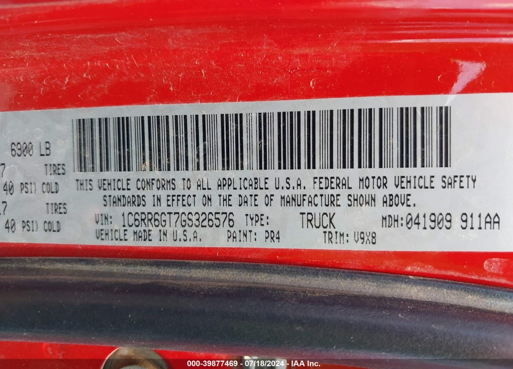 2016 RAM 1500 SLT VIN: 1C6RR6GT7GS326576