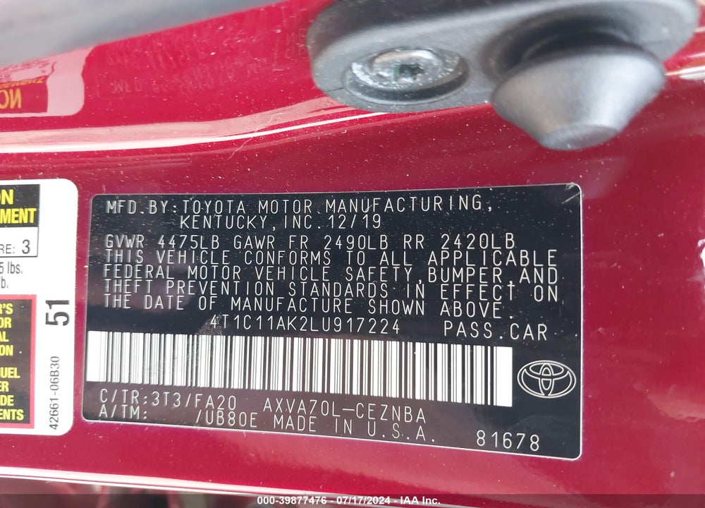 2020 TOYOTA CAMRY LE VIN: 4T1C11AK2LU917224