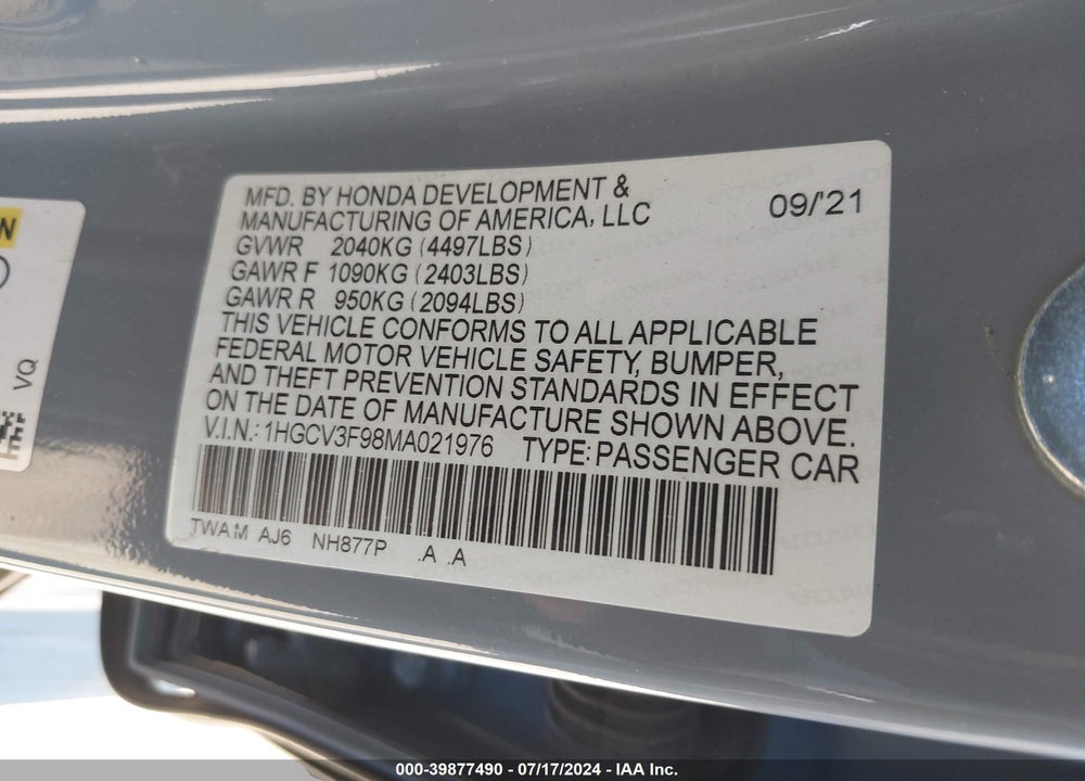 2021 HONDA ACCORD HYBRID TOURING VIN: 1HGCV3F98MA021976