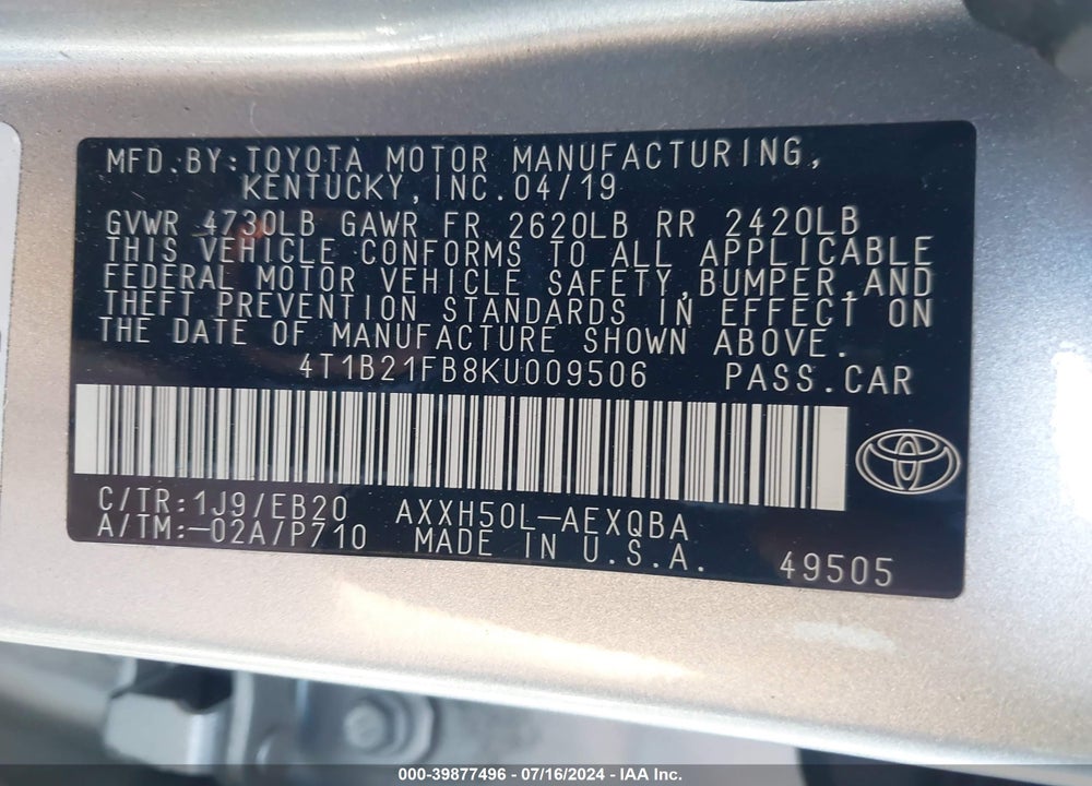2019 TOYOTA AVALON HYBRID XSE VIN: 4T1B21FB8KU009506