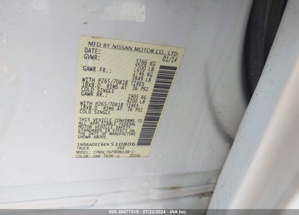2014 NISSAN TITAN SV VIN: 1N6BA0EC6EN510806