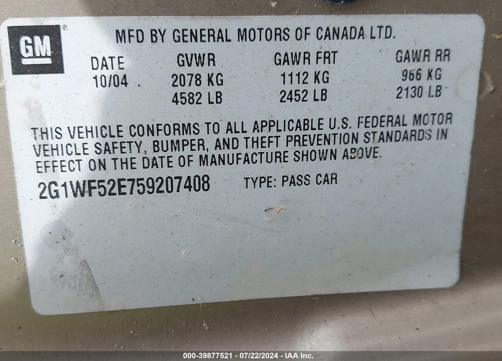 2005 CHEVROLET IMPALA VIN: 2G1WF52E759207408