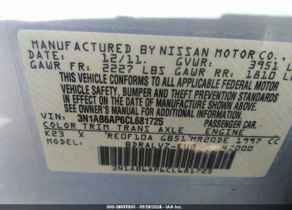 2012 NISSAN SENTRA VIN: 3N1AB6AP6CL681725