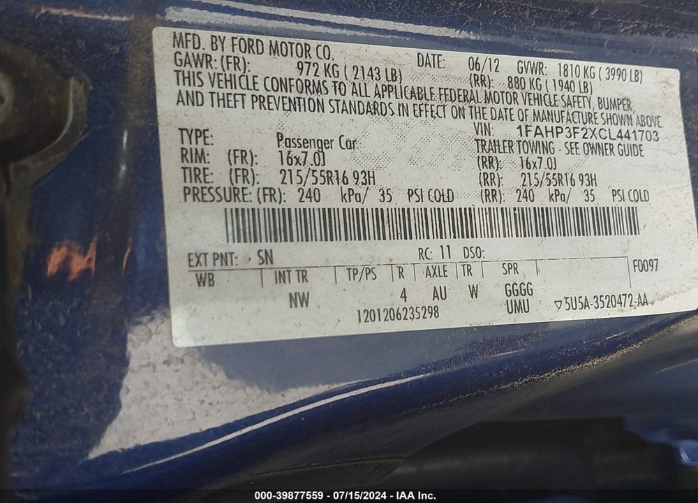 2012 FORD FOCUS SE VIN: 1FAHP3F2XCL441703