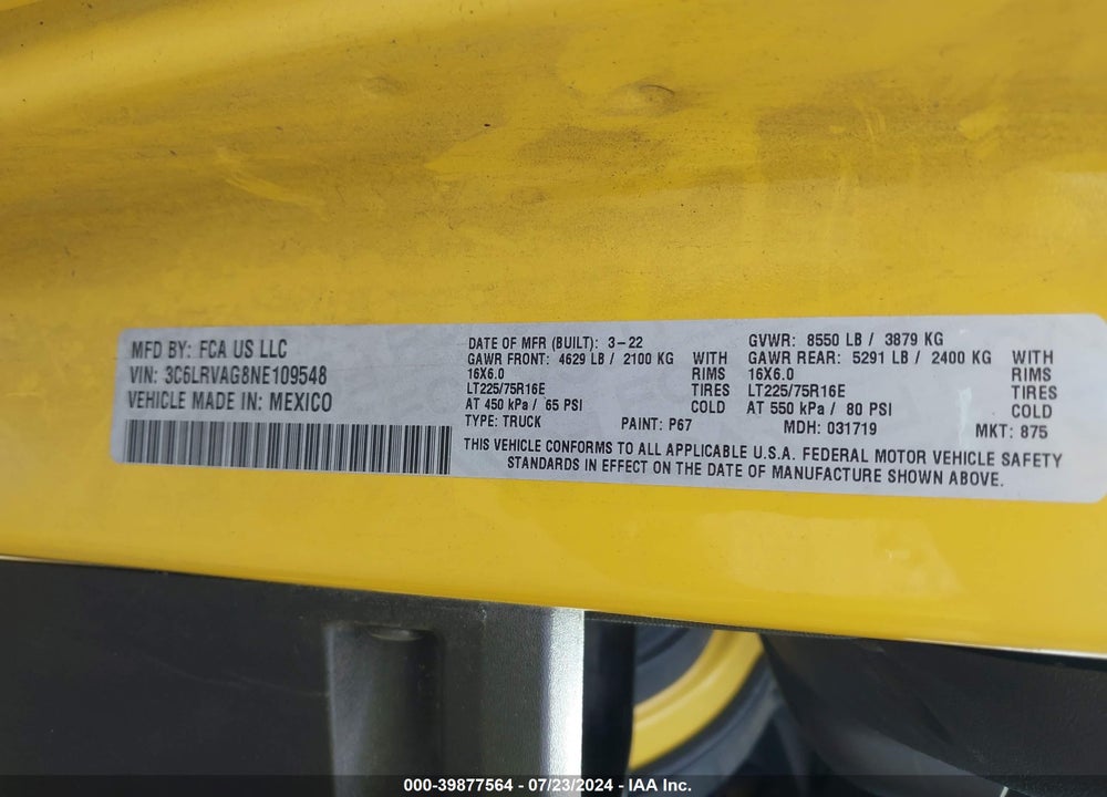 2022 RAM PROMASTER 1500 LOW ROOF 136 WB VIN: 3C6LRVAG8NE109548