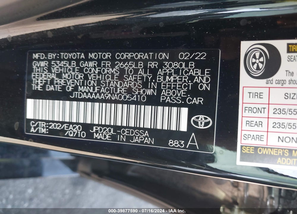 2022 TOYOTA MIRAI XLE VIN: JTDAAAAA9NA005410
