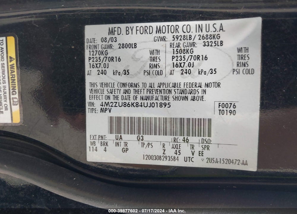 2004 MERCURY MOUNTAINEER VIN: 4M2ZU86K84UJ01895