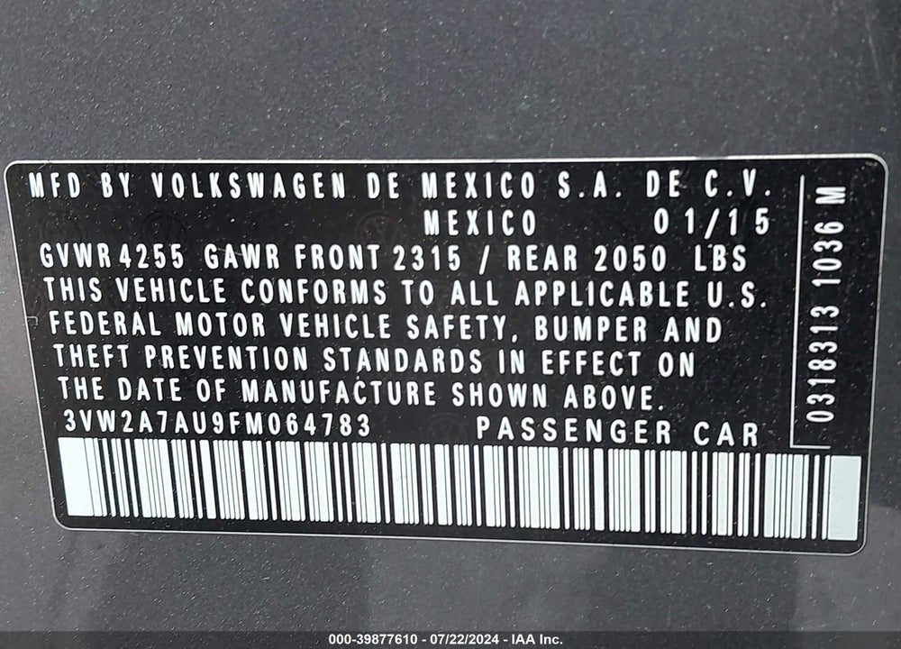 2015 VOLKSWAGEN GOLF TDI S 4-DOOR VIN: 3VW2A7AU9FM064783