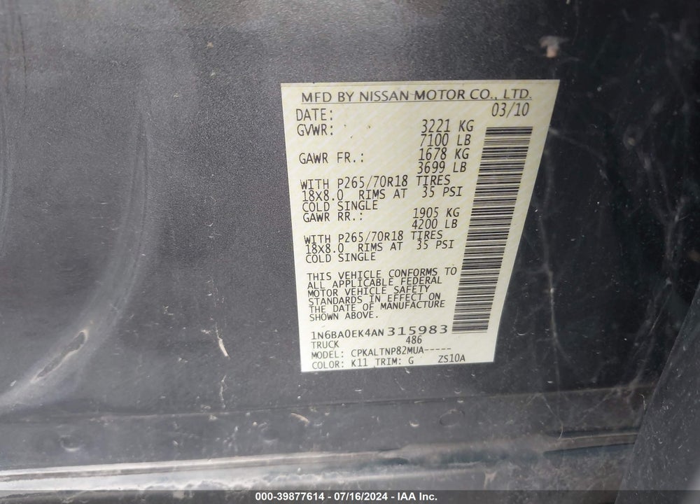 2010 NISSAN TITAN SE VIN: 1N6BA0EK4AN315983