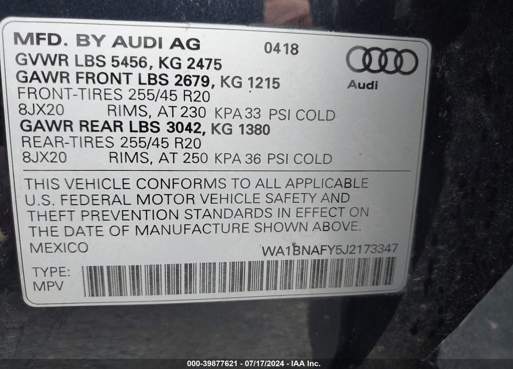 2018 AUDI Q5 2.0T PREMIUM/2.0T TECH PREMIUM VIN: WA1BNAFY5J2173347