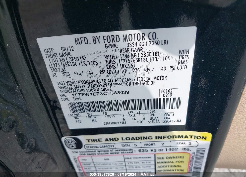 2012 FORD F-150 LARIAT VIN: 1FTFW1EFXCFC88039