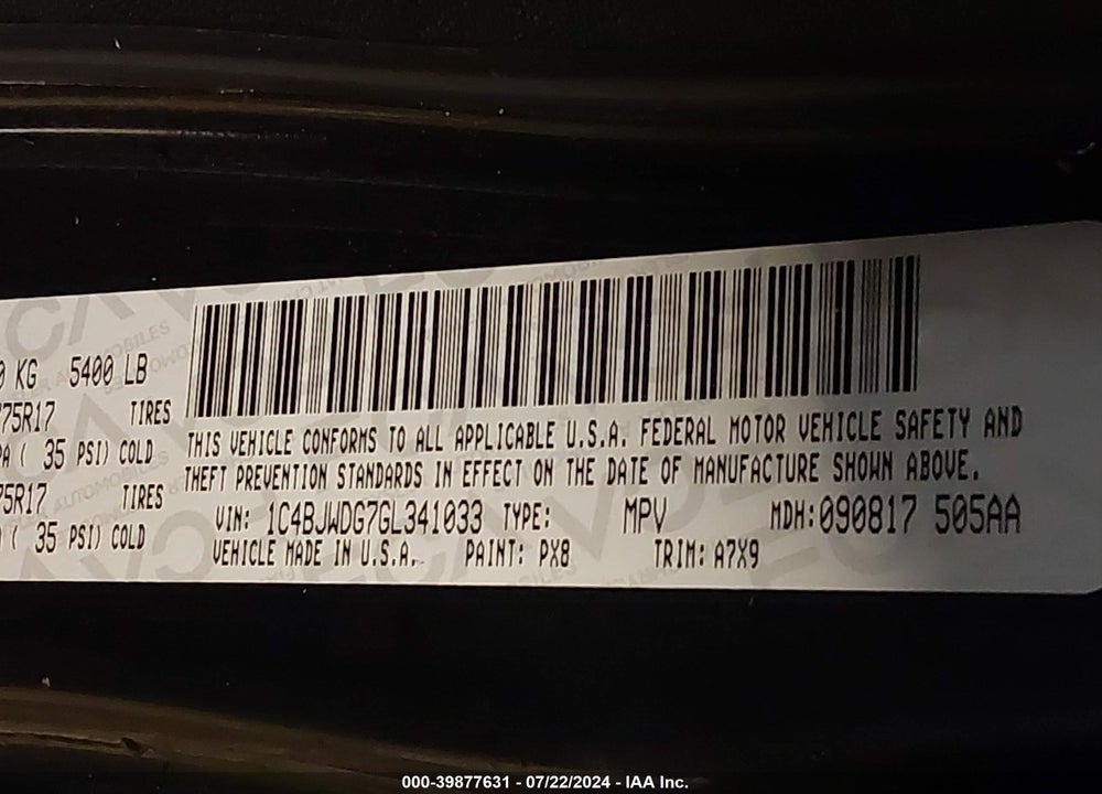 2016 JEEP WRANGLER UNLIMITED SPORT VIN: 1C4BJWDG7GL341033
