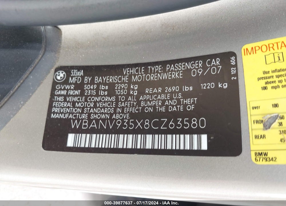 2008 BMW 535XI VIN: WBANV935X8CZ63580