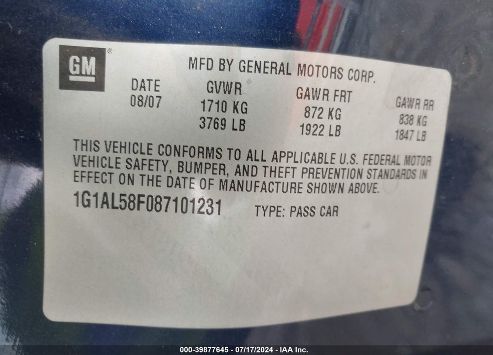 2008 CHEVROLET COBALT LT VIN: 1G1AL58F087101231